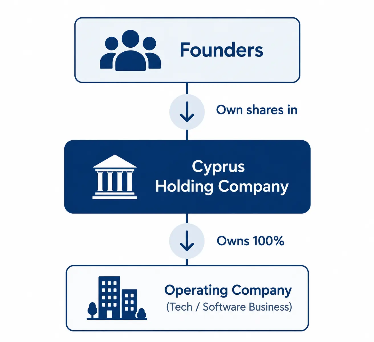 Startup founders owning a technology operating company through a Cyprus holding company.
