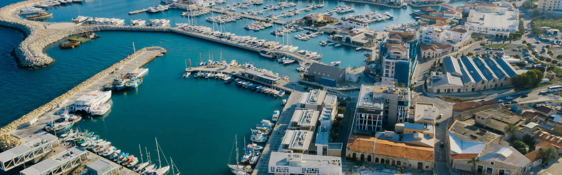 Aerial view of boats in Limassol marina in Cyprus.